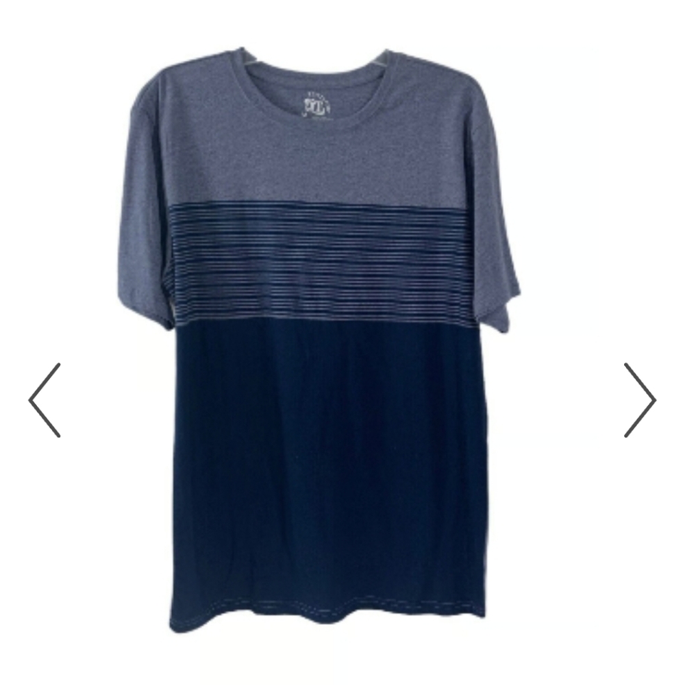Revolution Men's Gray and Navy Striped Tee EUC